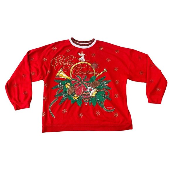 Vintage 90s Nut Cracker Christmas Graphic Gold Glitter Red Sweatshirt Size‎ M - Picture 1 of 12